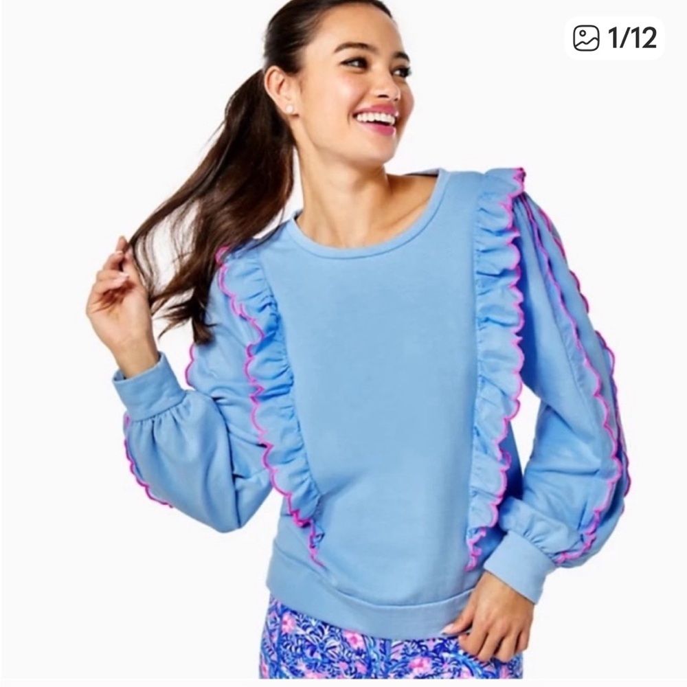 LILLY PULITZER SUZY SCALLOPED BLUE PINK RUFFLE TRIM CREW NECK SWEATSHIRT S